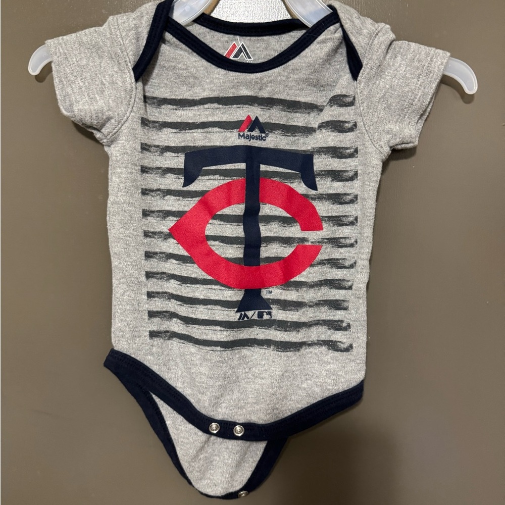 Majestic Twins Baseball Gray and Navy Kids Onesie